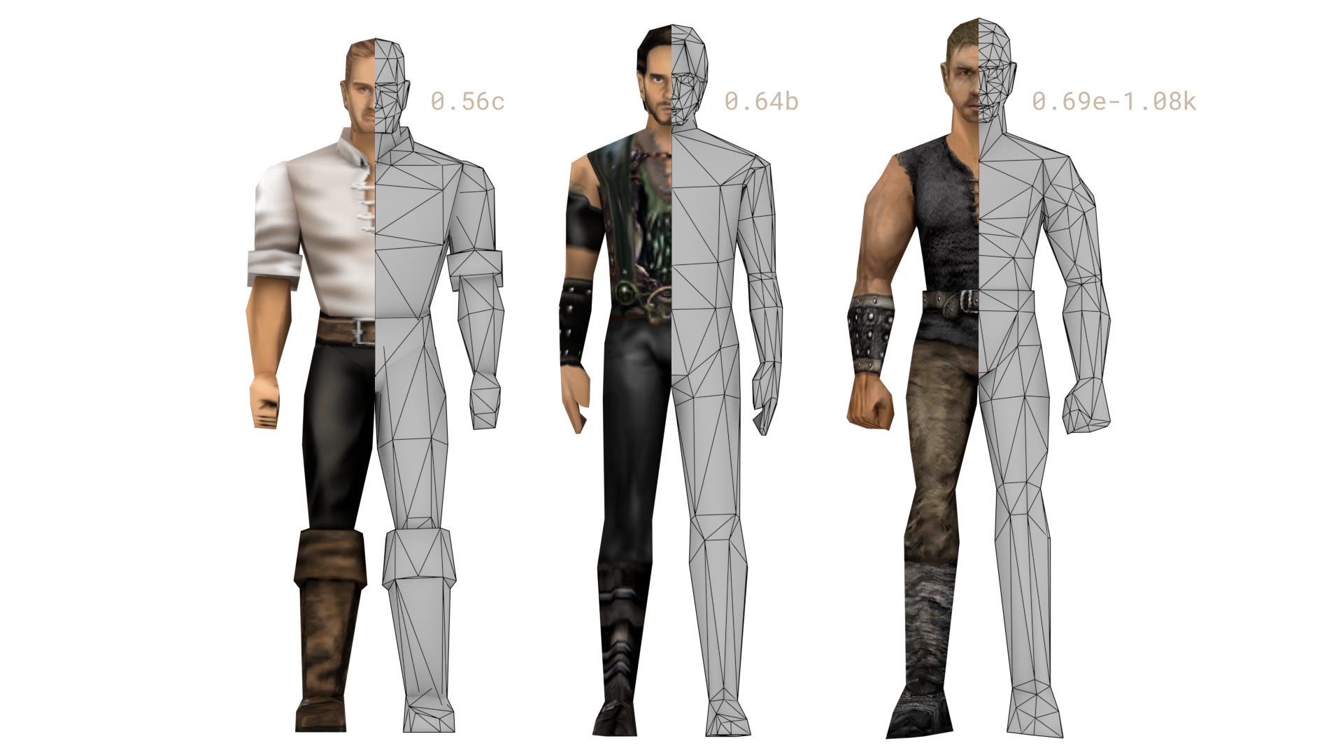 three different body models half textured, half untextured